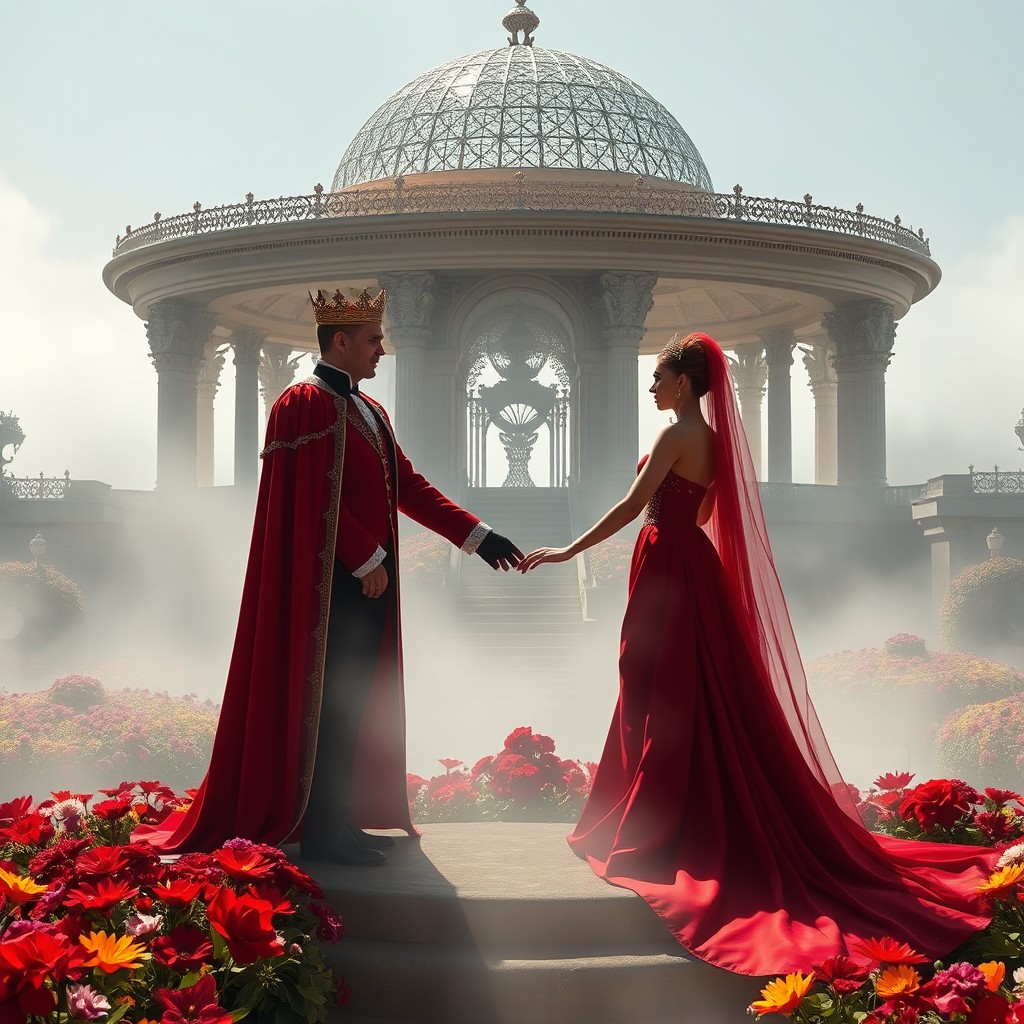 A striking scene featuring a vampire king and queen elegantly dressed in red and black wedding attire
