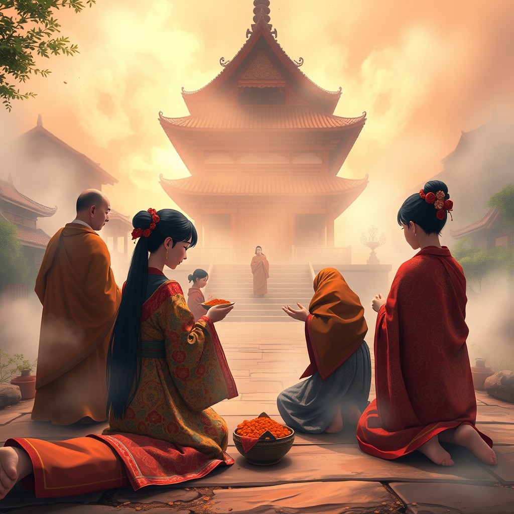 A beautiful digital painting depicting Pa-O girls dressed in vibrant handmade textiles, kneeling respectfully as they offer food to Buddhist monks