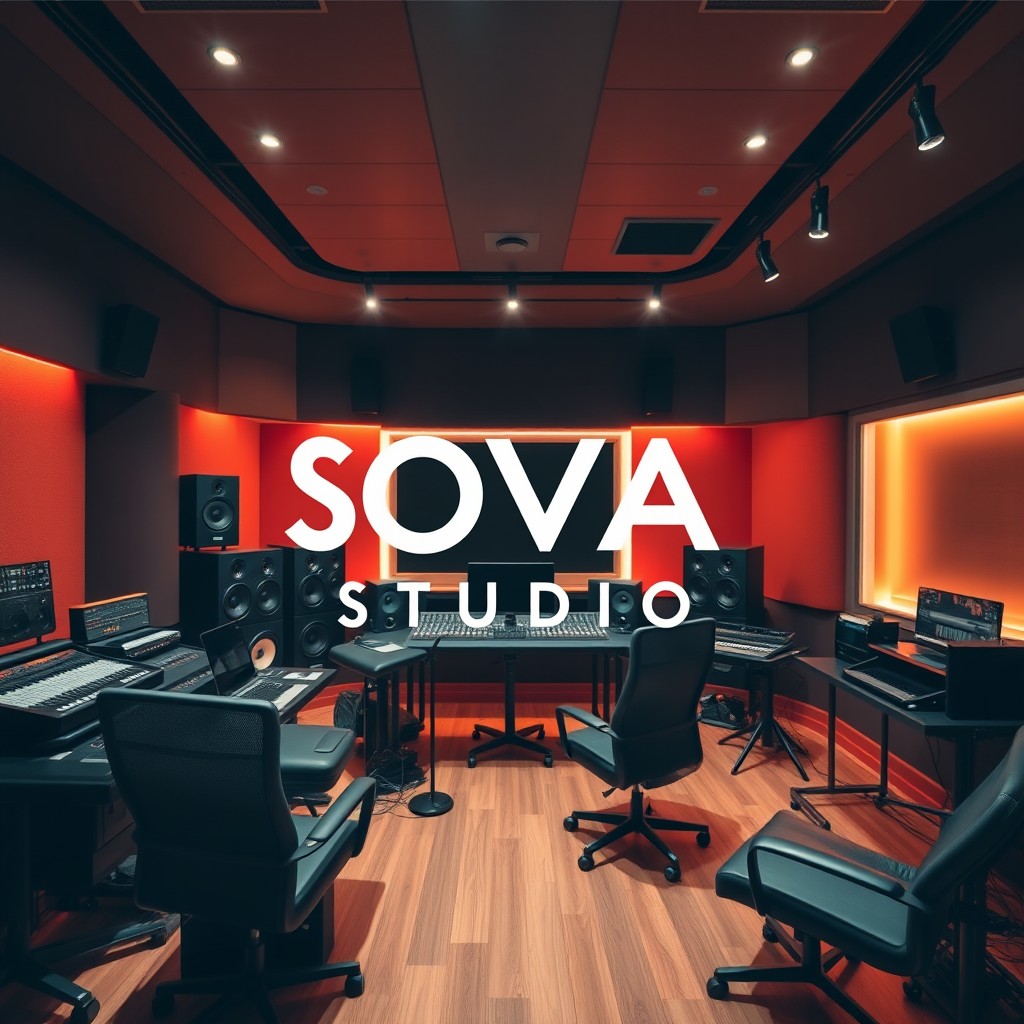 A stylish, modern recording studio interior filled with professional audio equipment, featuring soundproof walls and warm ambient lighting