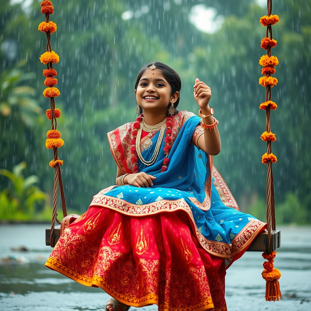 A joyful North Indian girl in a vibrant, traditional lehenga sitting on a marigold-decorated swing in the rain