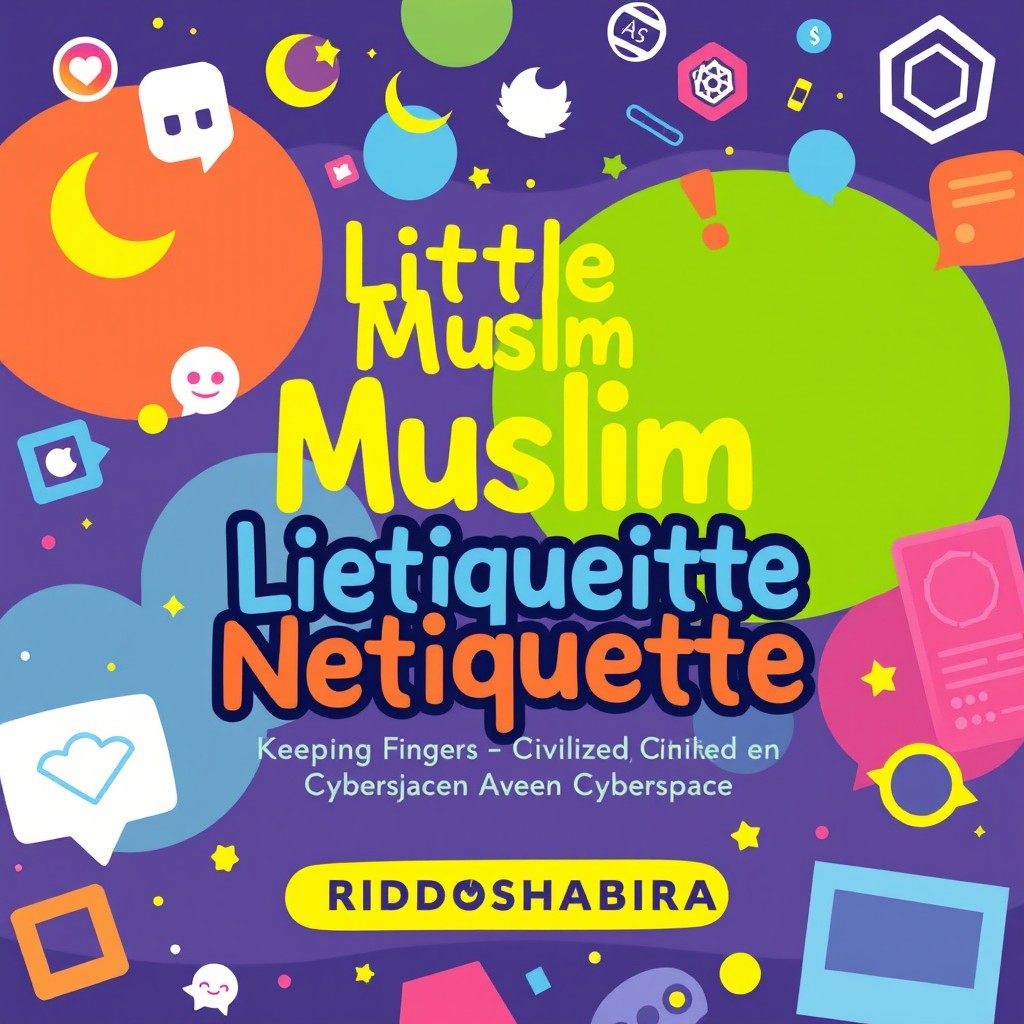 A vibrant ebook cover design for "Little Muslim Netiquette: Keeping Fingers Civilized, Even in Cyberspace" by Ridhoshabira