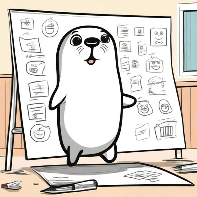 An adorable, high-quality cartoon image of a seal standing on its hind flippers, drawing sketches on a large whiteboard