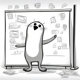 An adorable, high-quality cartoon image of a seal standing on its hind flippers, drawing sketches on a large whiteboard