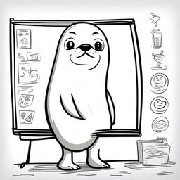 An adorable, high-quality cartoon image of a seal standing on its hind flippers, drawing sketches on a large whiteboard