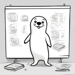 An adorable, high-quality cartoon image of a seal standing on its hind flippers, drawing sketches on a large whiteboard