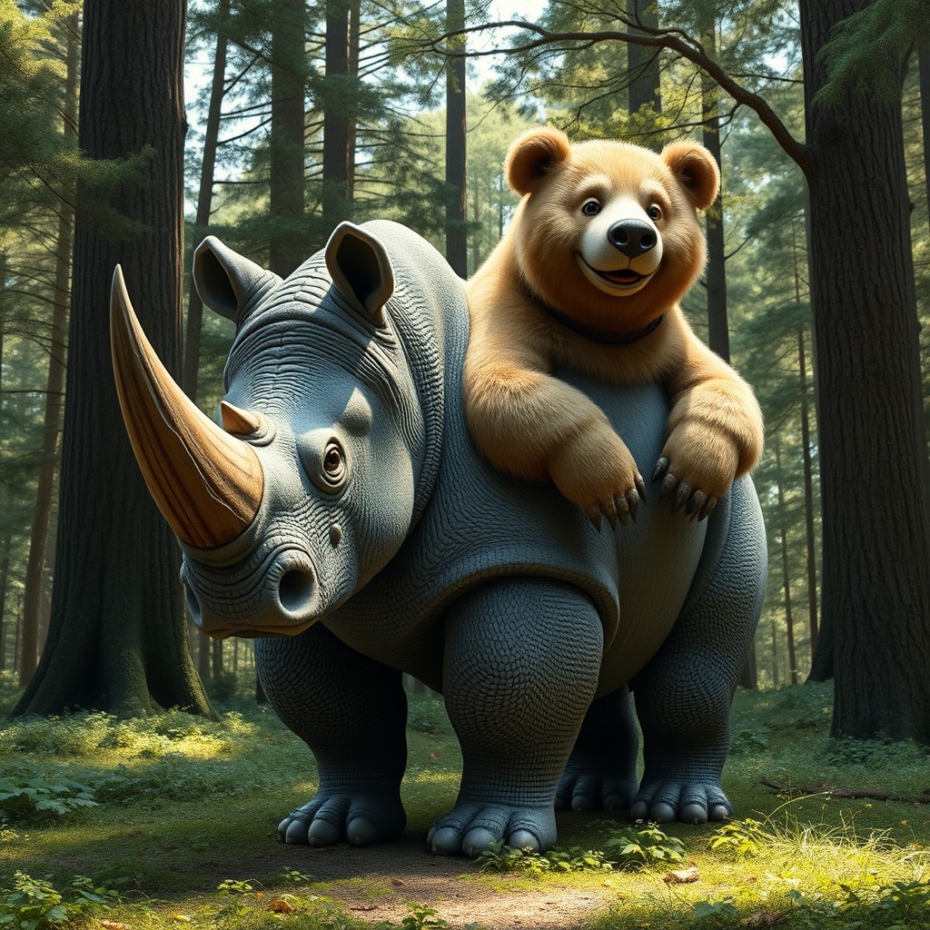 A fascinating two-headed hybrid creature that merges the formidable features of a rhinoceros with the fluffy, strong characteristics of a bear