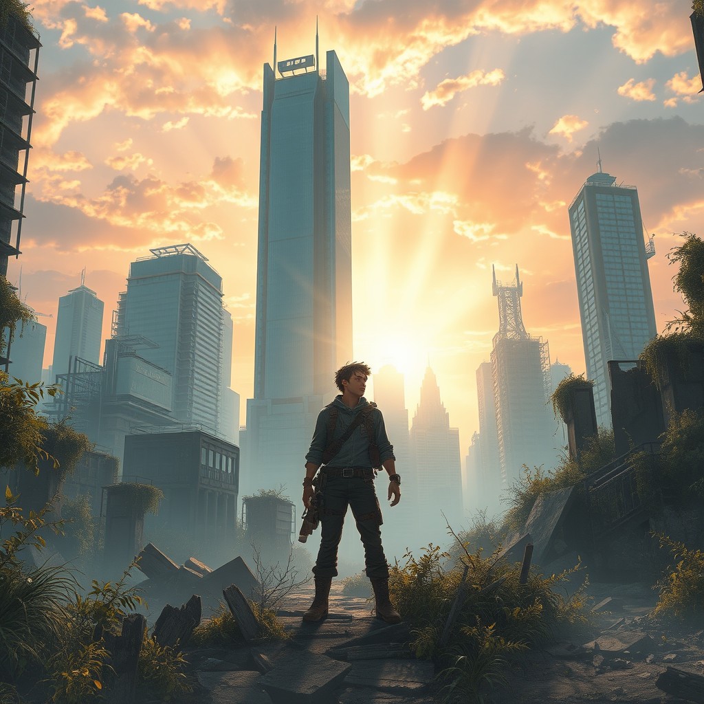 A futuristic, silent city landscape, characterized by crumbling skyscrapers of glass and metal, now overtaken by nature