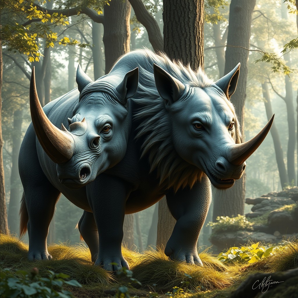 An extraordinary two-headed hybrid creature that artfully combines the formidable features of a rhinoceros with the sleek, majestic characteristics of a wolf