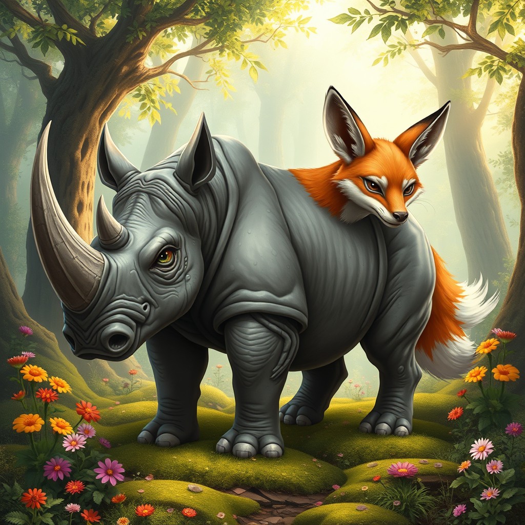 A captivating two-headed hybrid creature that combines the powerful features of a rhinoceros with the cunning characteristics of a fox