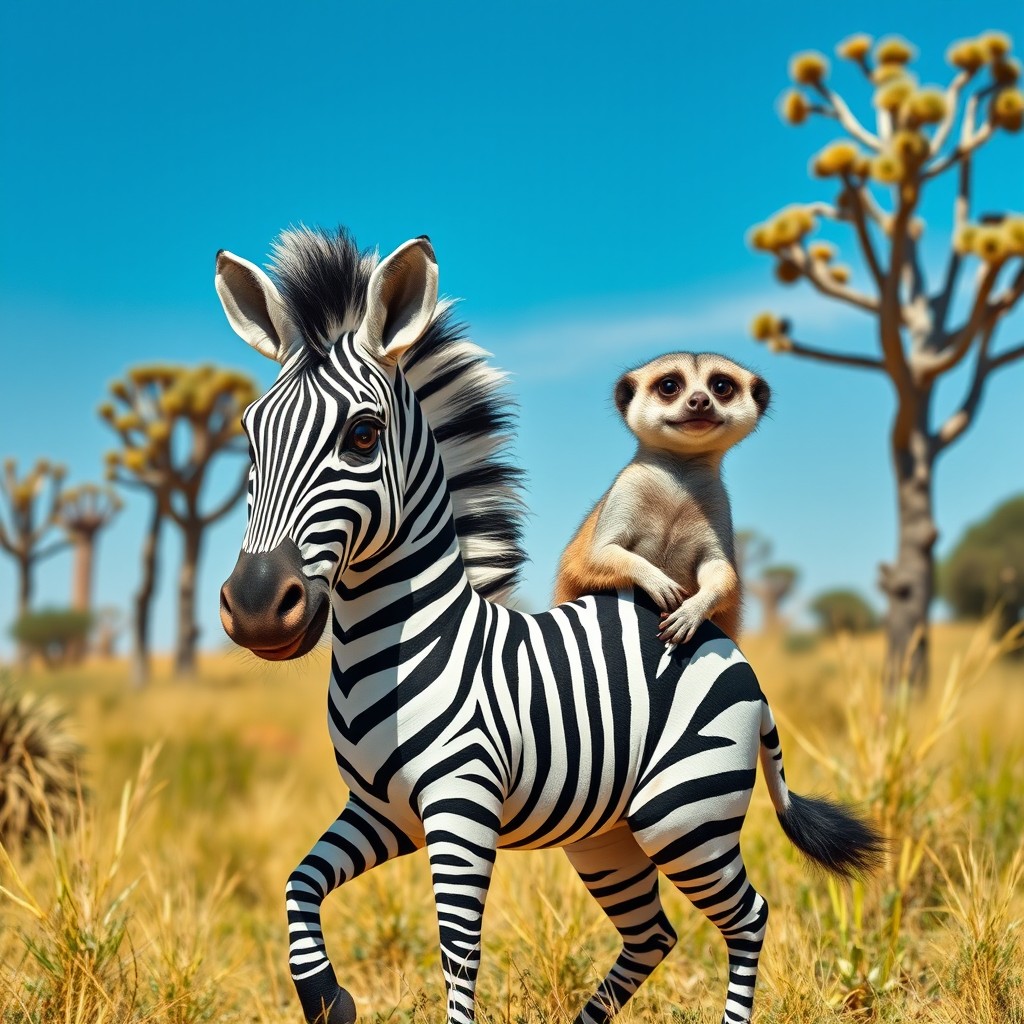 An imaginative two-headed hybrid creature that combines the striking features of a zebra with the playful characteristics of a meerkat