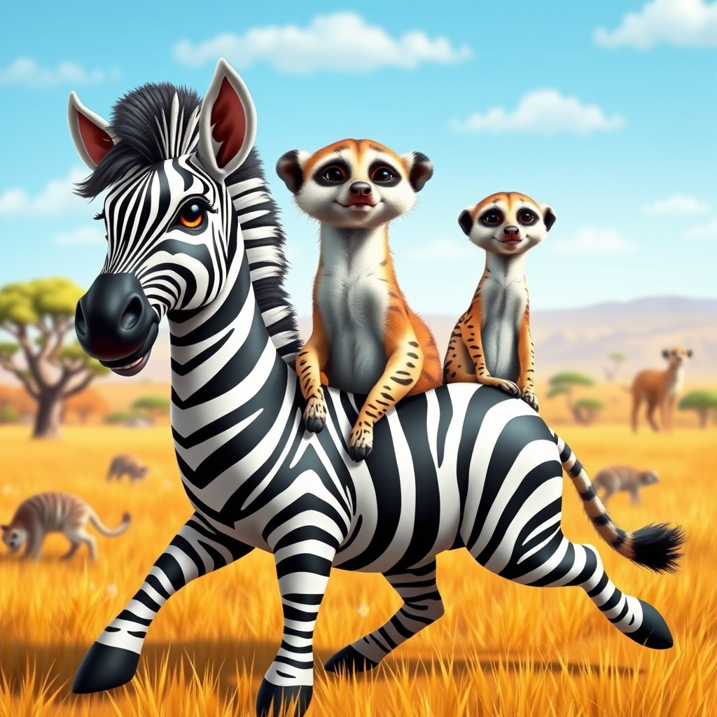 An imaginative three-headed hybrid creature that creatively melds the striking features of a zebra with the playful characteristics of a meerkat