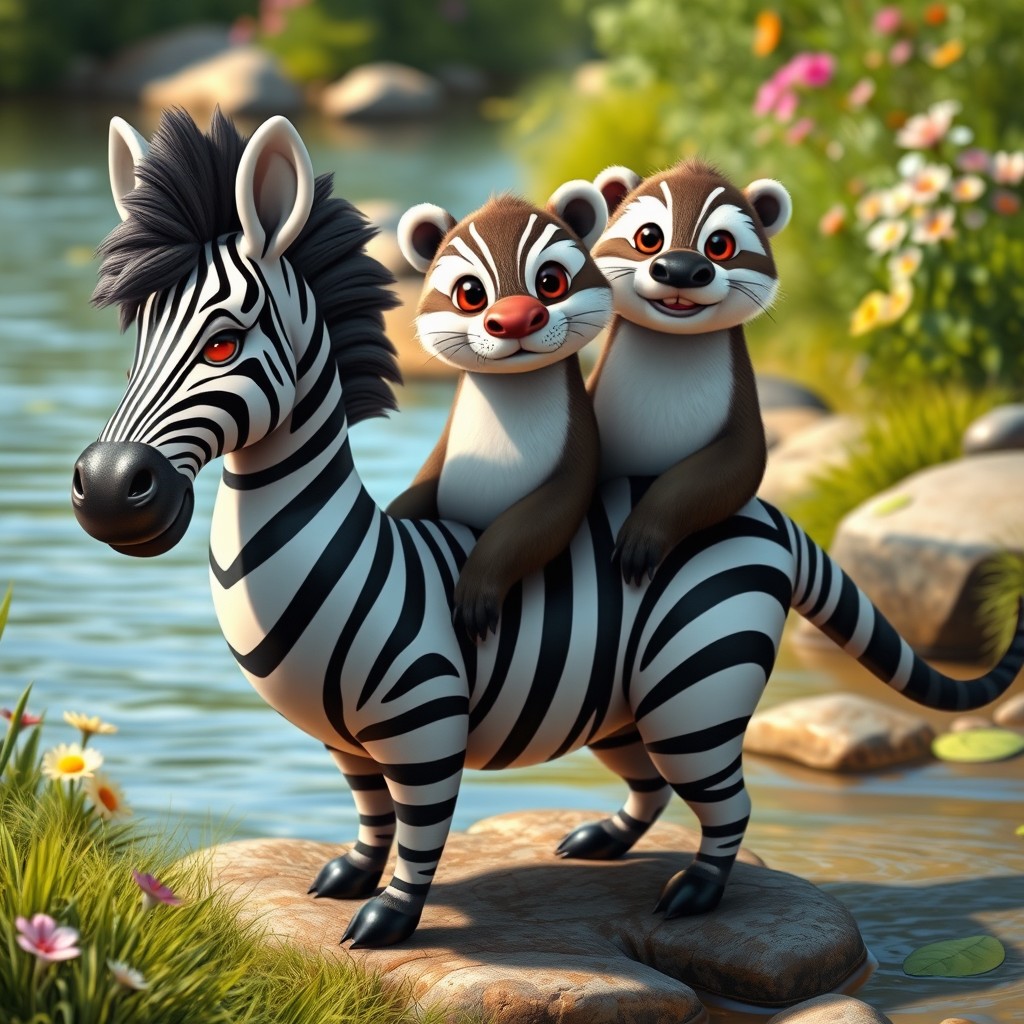 A whimsical three-headed hybrid creature that ingeniously blends the striking characteristics of a zebra with the playful nature of an otter