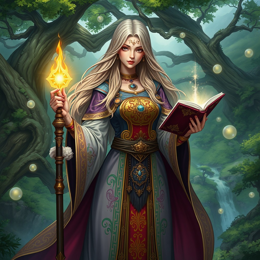 A female cleric in a beautifully detailed fantasy setting, adorned in ornate robes with mystical symbols and vibrant colors