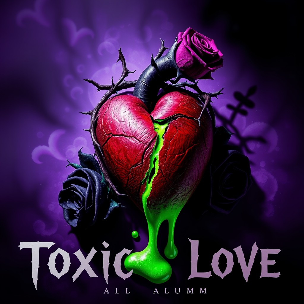 An artistic representation of toxic love, featuring a heart intertwined with thorns and dark roses, surrounded by a shadowy yet vibrant background that conveys mixed emotions of passion and pain