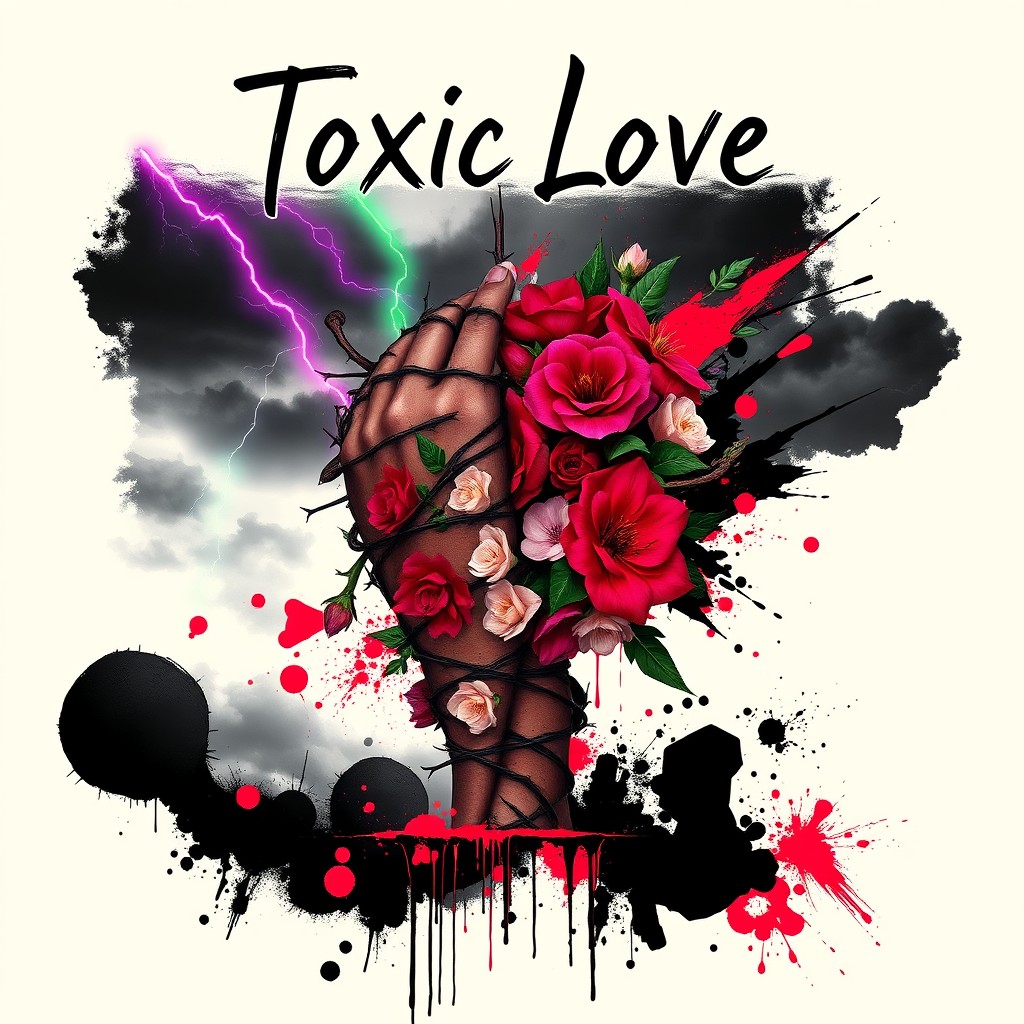 A striking album cover titled 'Toxic Love' featuring a visually captivating design that embodies the tumultuous nature of a toxic relationship