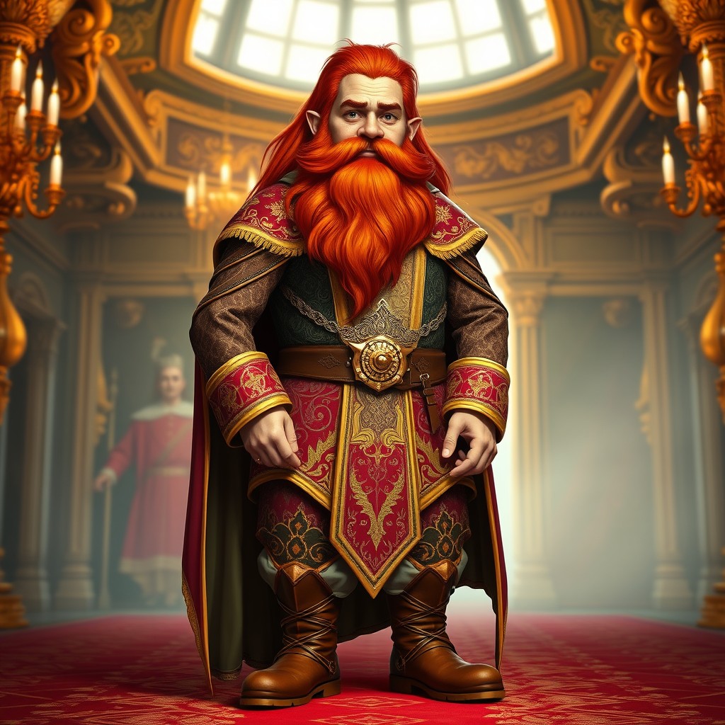 A dwarf male with a rich red beard, dressed in luxurious attire that features intricate patterns and vibrant colors, showcasing a blend of classic fantasy elements