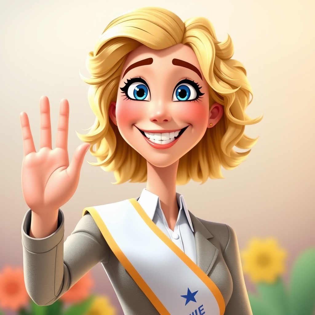 A cheerful blonde woman with fair skin, bright blue eyes, and very curly shoulder-length hair, dressed in formal attire