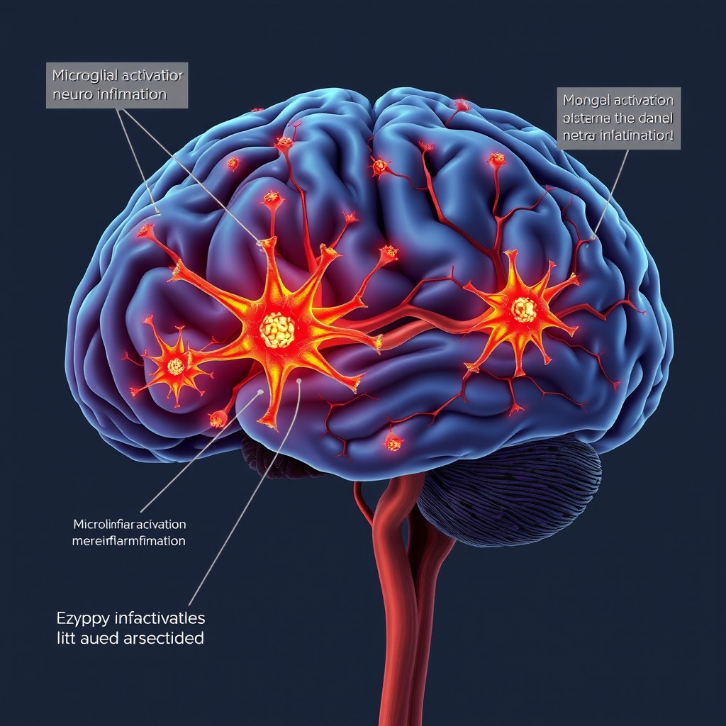 A detailed scientific illustration showcasing microglial activation in the context of neuroinflammation within an autistic brain