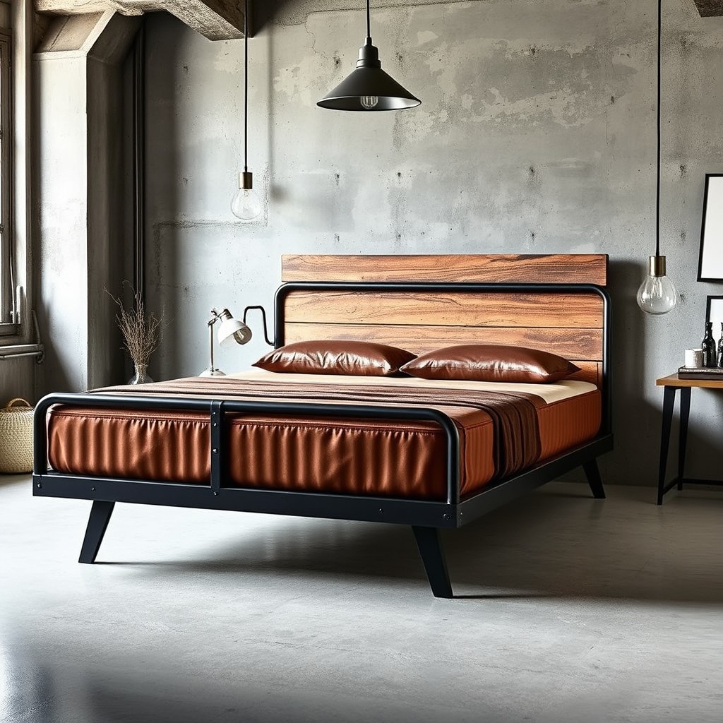 An industrial-style bed design measuring 160cm x 200cm