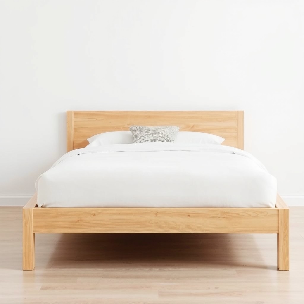 A minimalist bed design measuring 160cm x 200cm, featuring a sleek, low-profile frame made of natural wood with a light finish