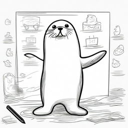 A high-resolution photograph capturing a playful seal standing on its hind flippers, engaged in the unusual activity of drawing sketches on a large whiteboard