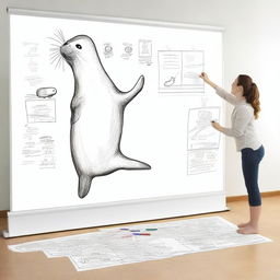 A high-resolution photograph capturing a playful seal standing on its hind flippers, engaged in the unusual activity of drawing sketches on a large whiteboard