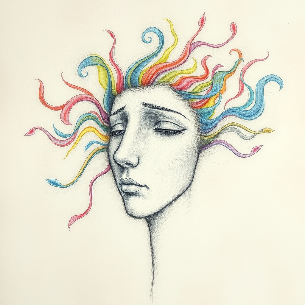 A surreal representation of a pencil drawing that features a face, subtly anthropomorphic in style, surrounded by swirling, abstract voices depicted as colorful, flowing sound waves