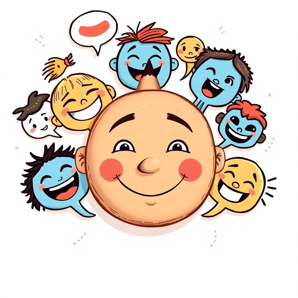 A whimsical and artistic representation of a pencil drawn man's face at the center, surrounded by various cartoonish talking faces, each with unique expressions and features