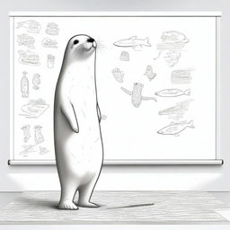 A high-resolution photograph capturing a playful seal standing on its hind flippers, engaged in the unusual activity of drawing sketches on a large whiteboard