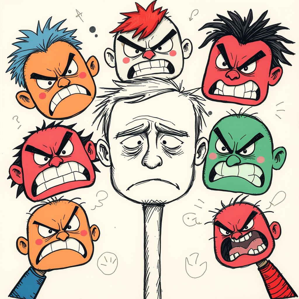 A whimsical and artistic representation of a pencil drawn man's sad face at the center, surrounded by various cartoonish angry faces, each with distinct expressions of frustration and anger