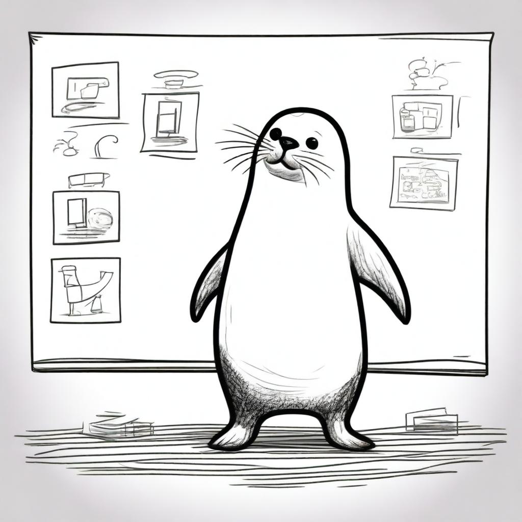 A high-resolution photograph capturing a playful seal standing on its hind flippers, engaged in the unusual activity of drawing sketches on a large whiteboard