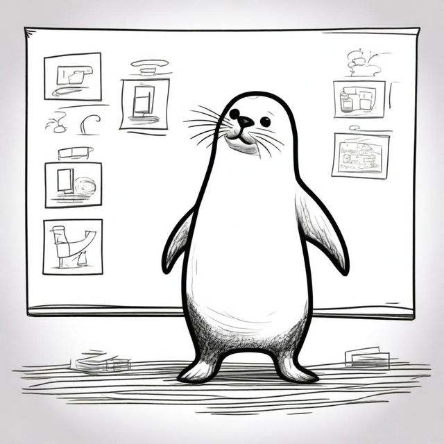 A high-resolution photograph capturing a playful seal standing on its hind flippers, engaged in the unusual activity of drawing sketches on a large whiteboard