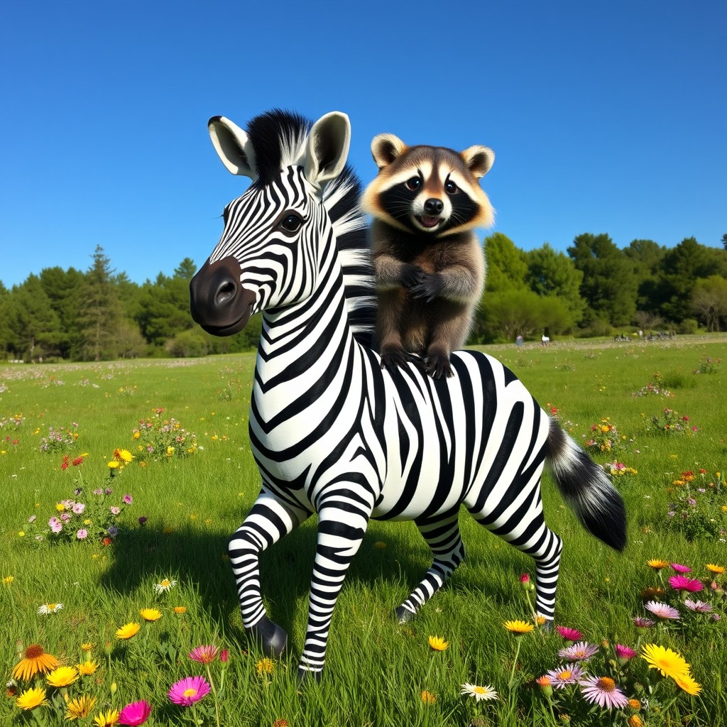 A fascinating two-headed hybrid creature that creatively merges the distinctive features of a zebra and a raccoon