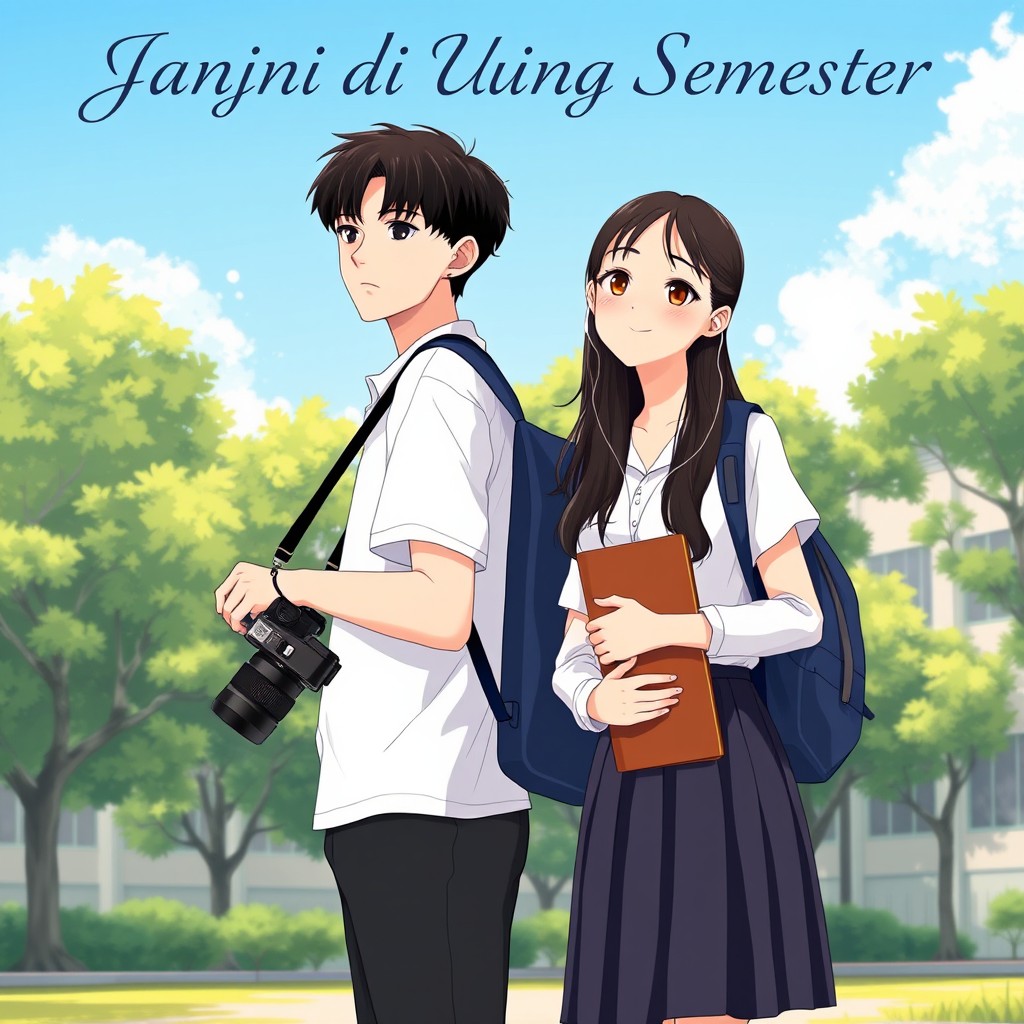 A romantic novel cover illustration featuring two Southeast Asian high school teenagers in their school uniforms