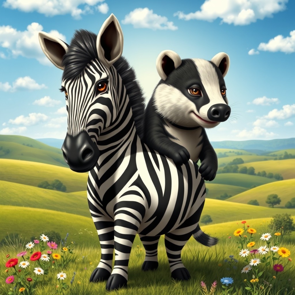 A captivating two-headed hybrid creature that artfully combines the striking features of a zebra and the stout build of a badger