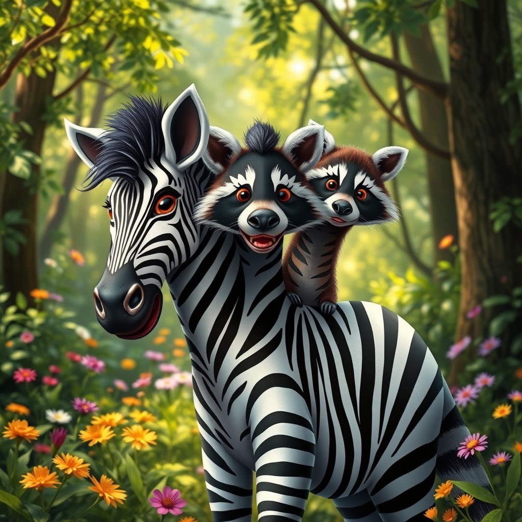 An imaginative three-headed hybrid creature that combines the striking features of a zebra with the playful characteristics of a raccoon