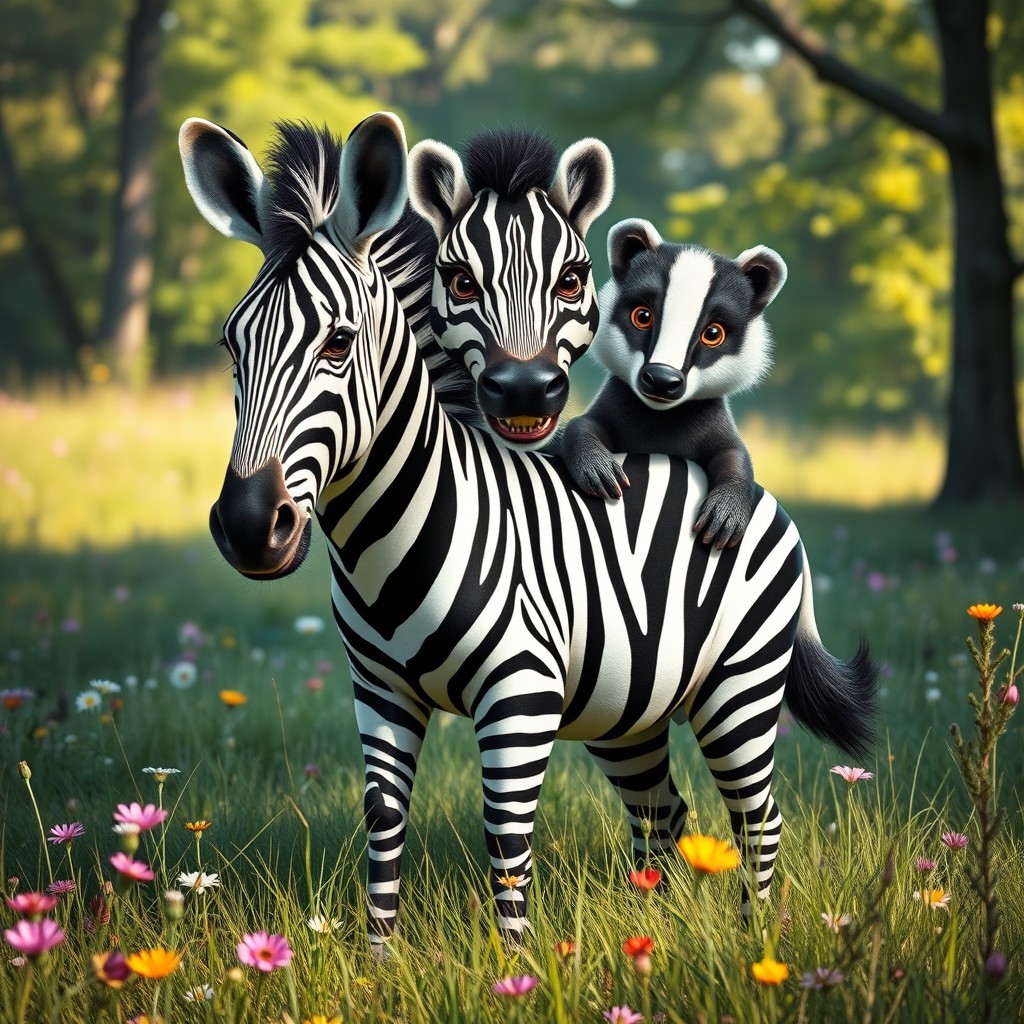 An imaginative three-headed hybrid creature that combines the striking features of a zebra with the distinctive characteristics of a badger