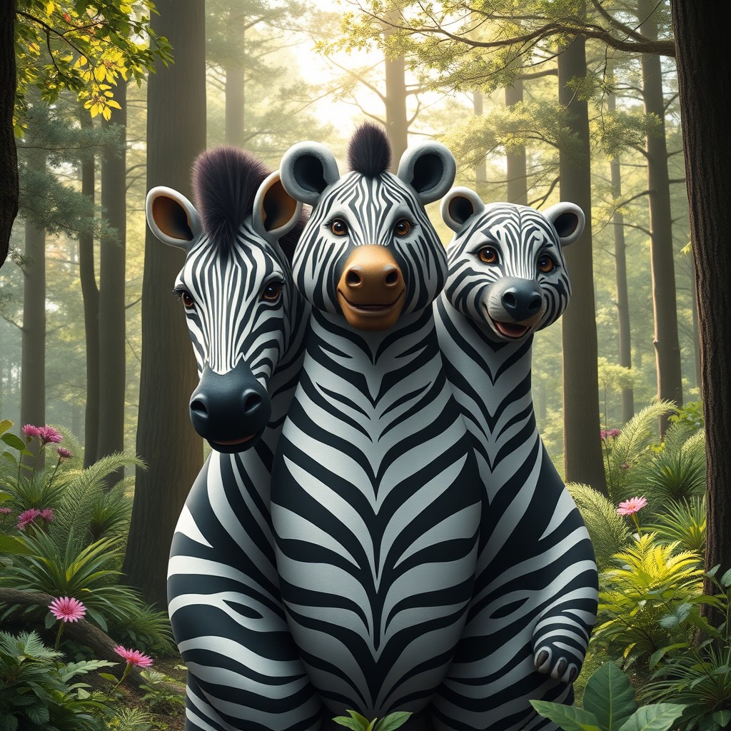 An imaginative three-headed hybrid creature that seamlessly merges the striking features of a zebra with the formidable characteristics of a bear
