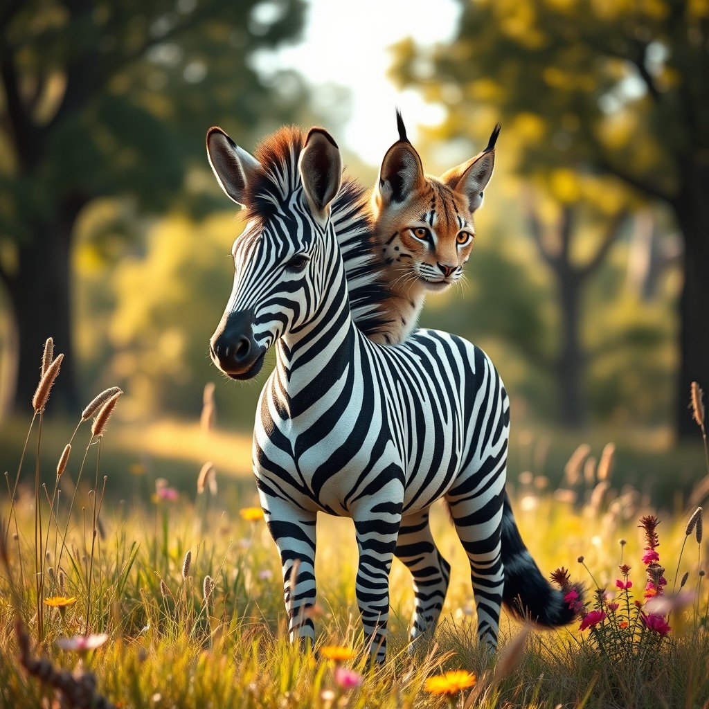 A captivating two-headed hybrid creature that blends the striking features of a zebra with the sleek characteristics of a lynx