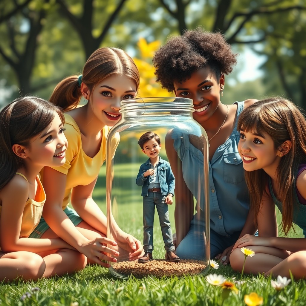 A fantasy scene depicting a tiny man, just a few inches tall, inside a transparent jar
