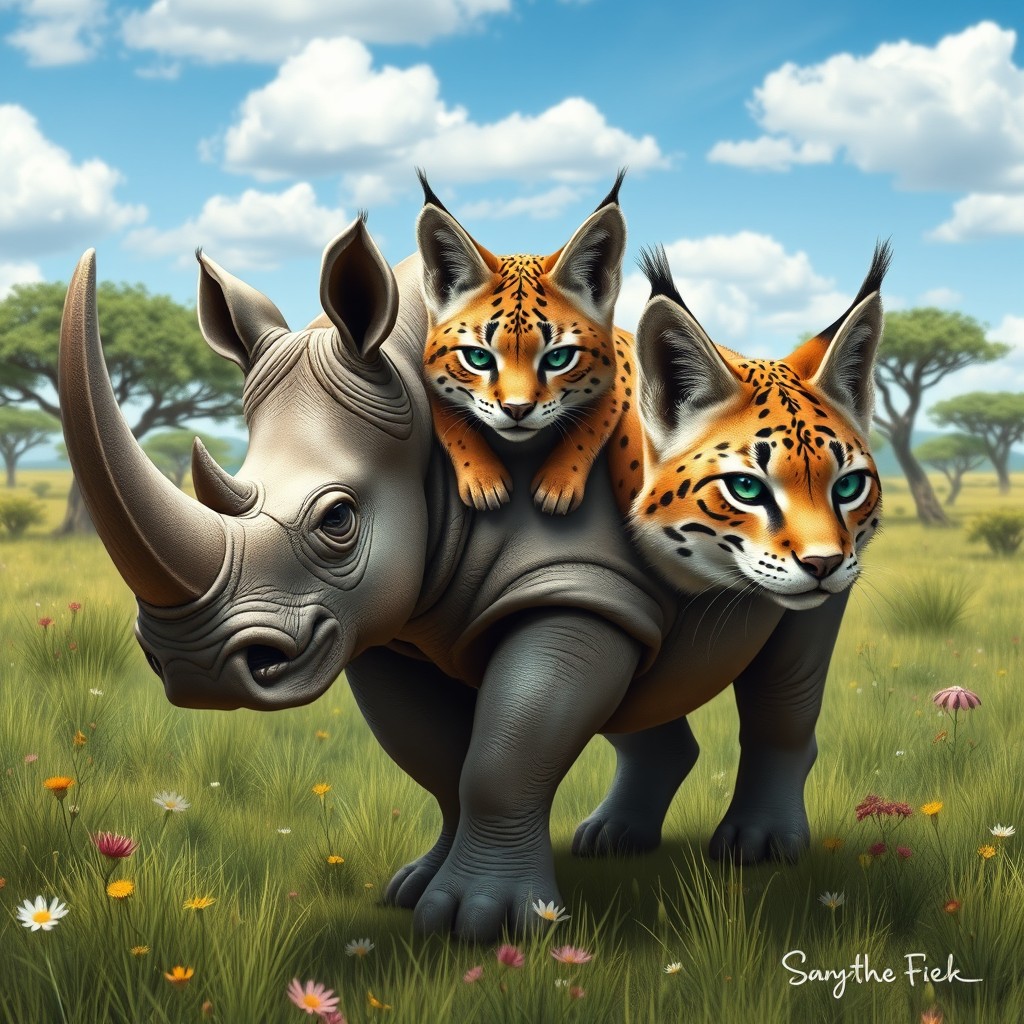A fantastical three-headed hybrid creature that beautifully combines the rugged features of a rhinoceros with the sleek characteristics of a lynx