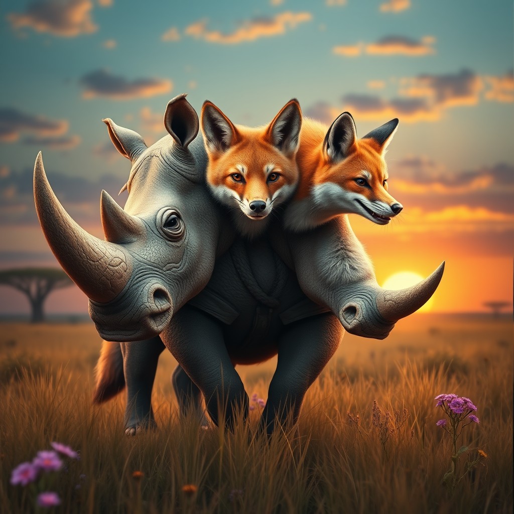 A fantastical three-headed hybrid creature that uniquely combines the robust features of a rhinoceros with the agility and charm of a fox