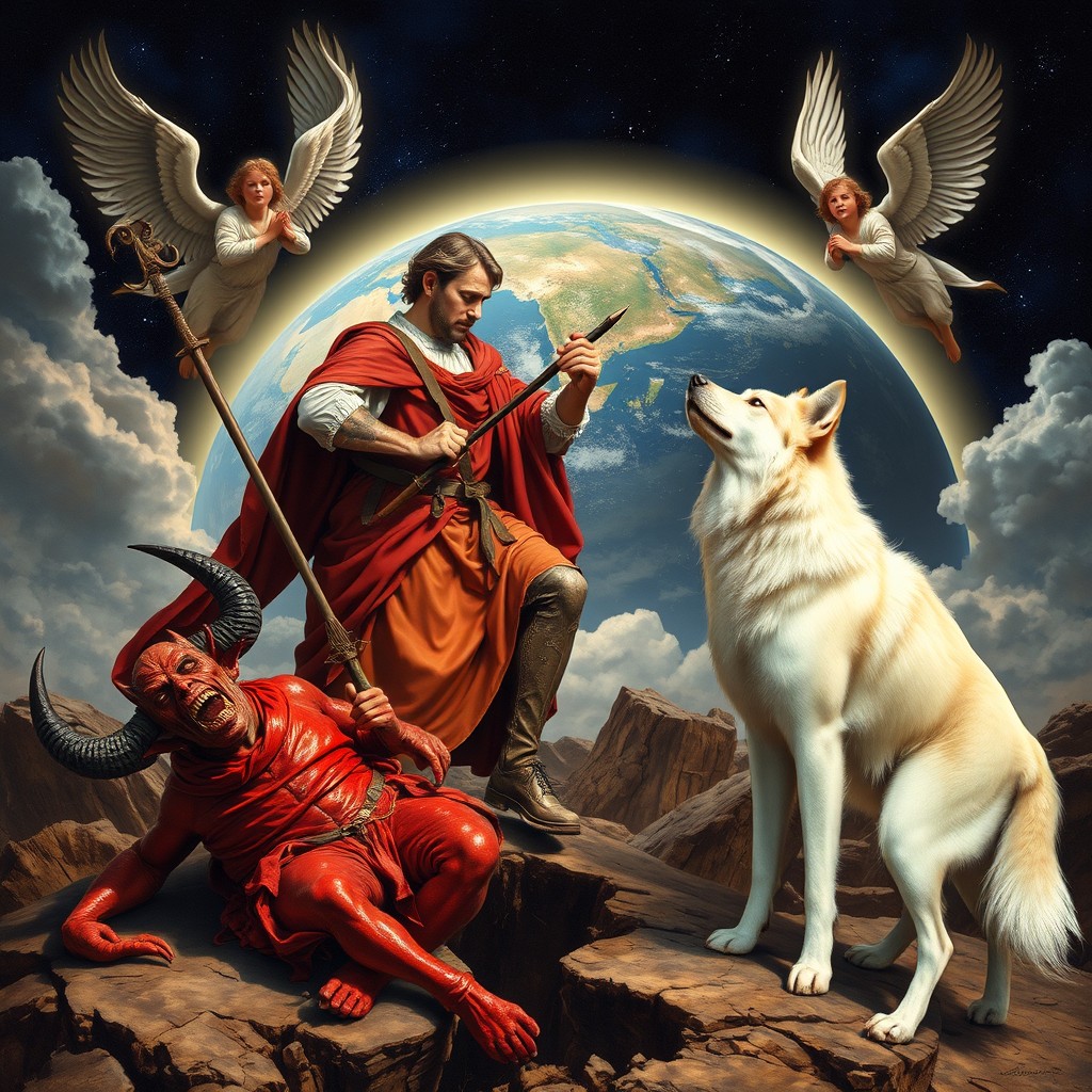 Saint George valiantly stepping on the devil, who is being bitten by a husky dog