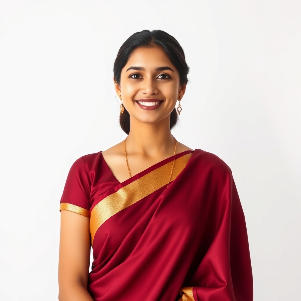 A happy and calm beautiful Indian woman standing in front of a white background