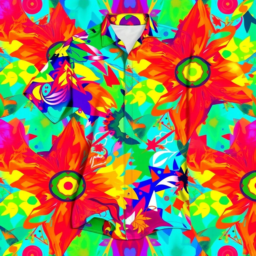 A vibrant and colorful sublimation shirt design featuring a dynamic mix of abstract shapes and patterns