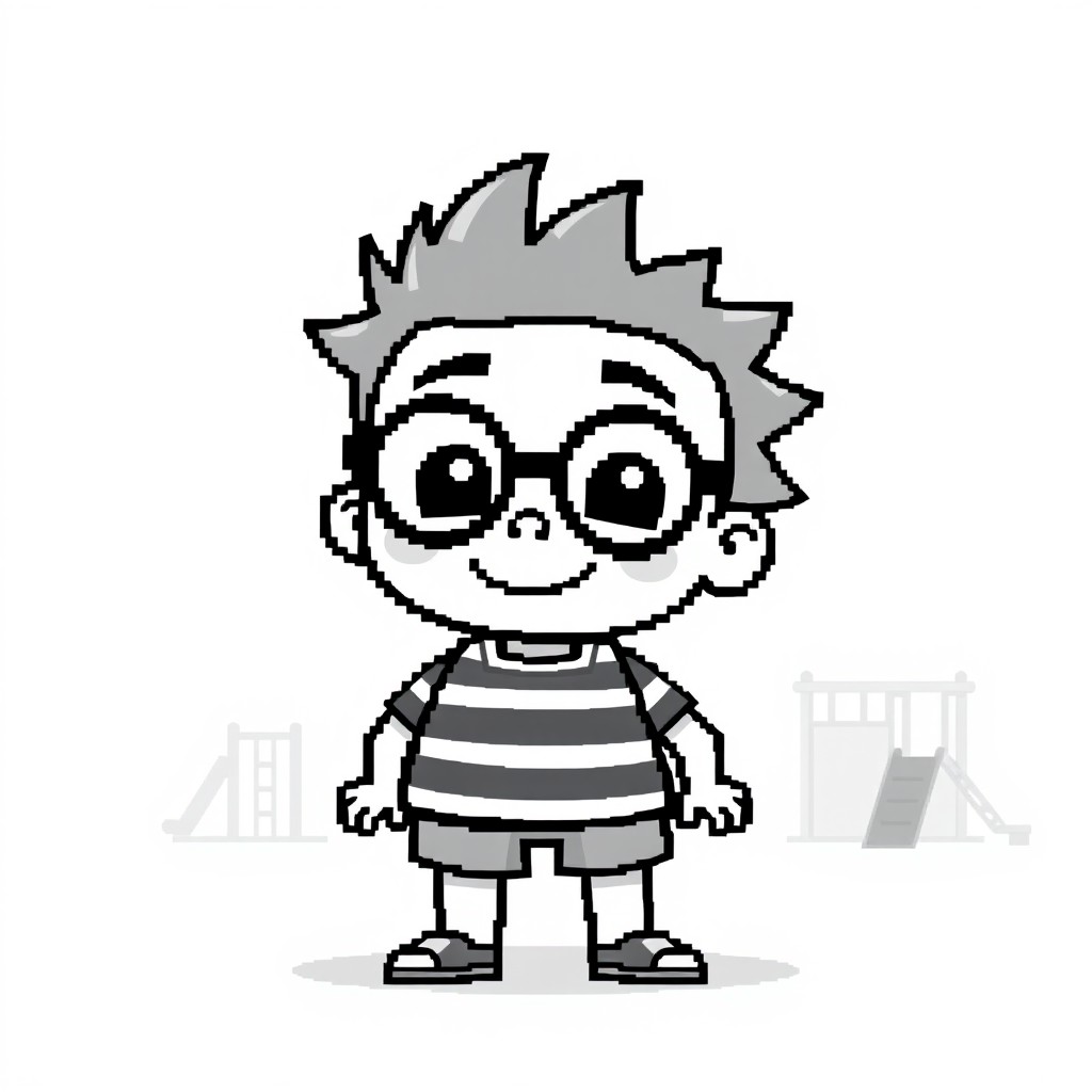 A pixel art character designed in black and white, with a whimsical and friendly appearance