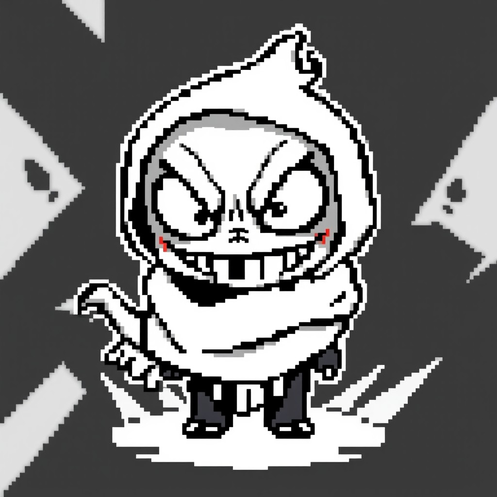A black and white pixel art character that resembles a child, designed to have a scary appearance