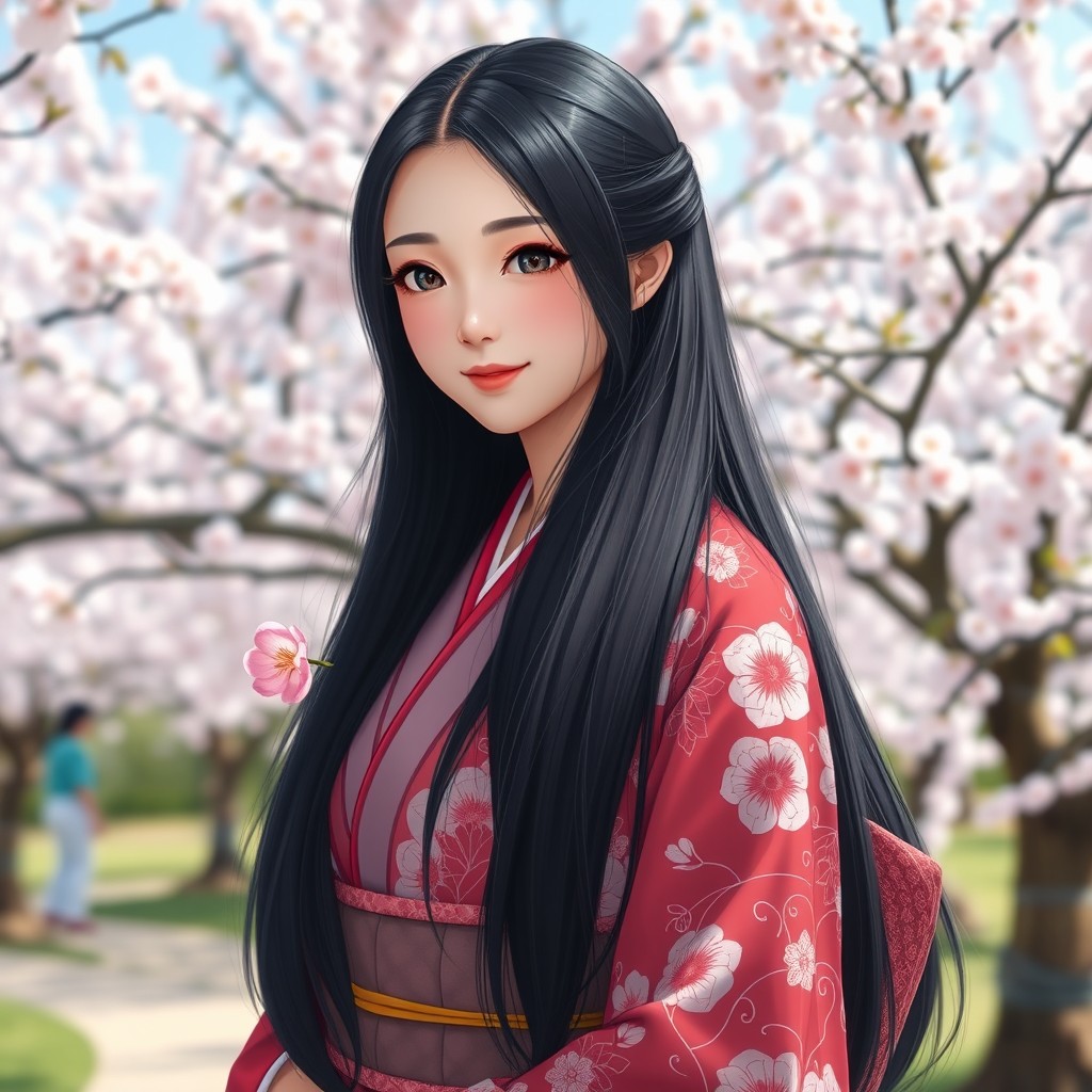 Serene Beauty: A Japanese Girl in a Cherry Blossom Garden