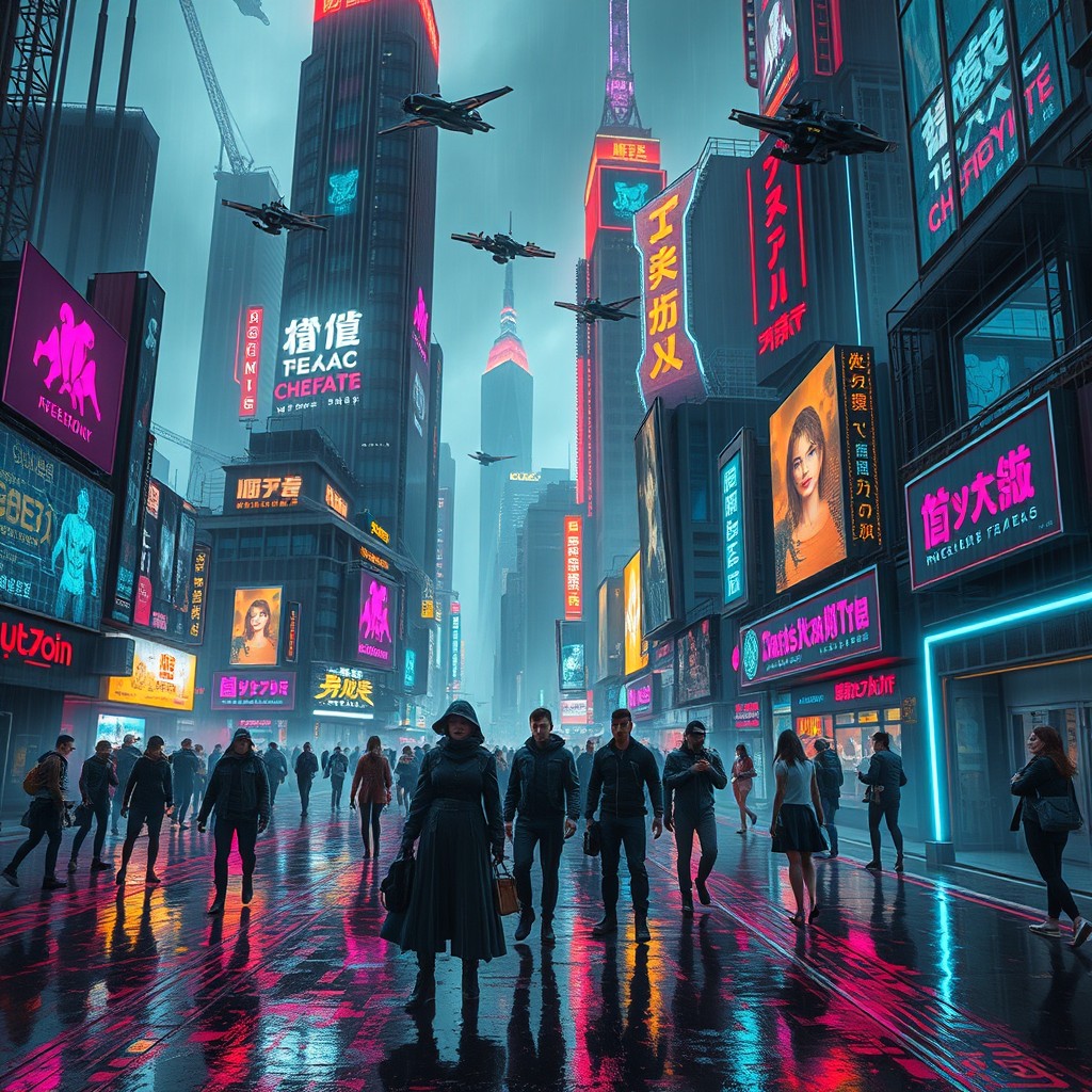 Vibrant Cyberpunk Cityscape: Neon Dreams and Dystopian Realities