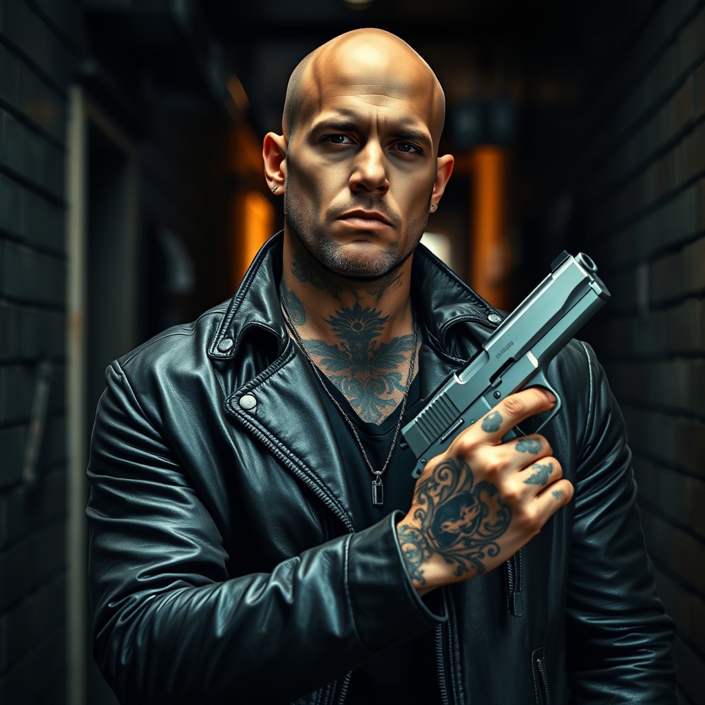 A bald gangster with an array of detailed tattoos, dressed in a stylish leather jacket, stands confidently in a dark alleyway